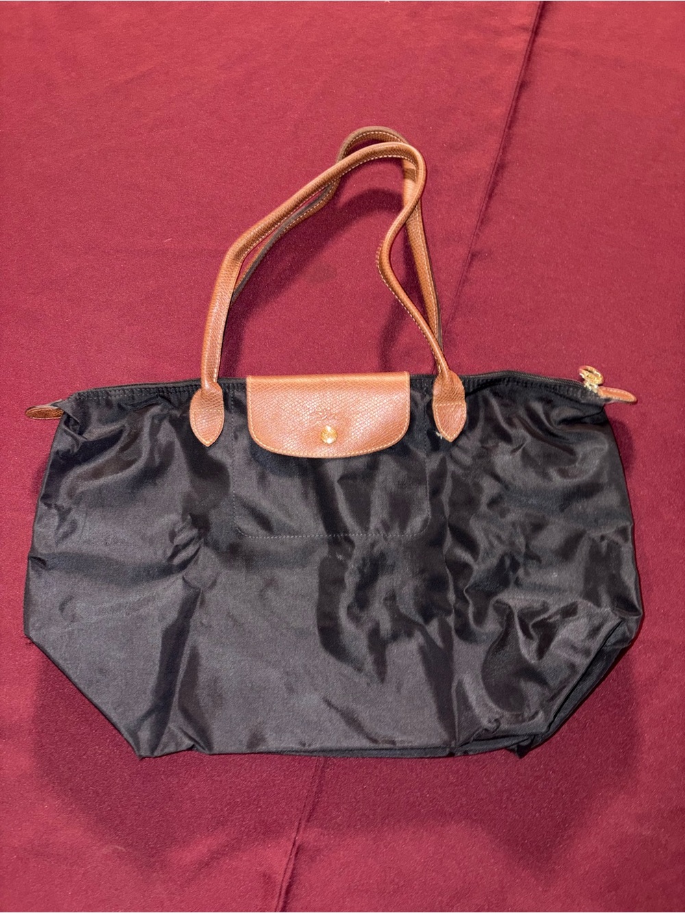 Longchamp Le Pliage Large Black Tote with Brown Trim